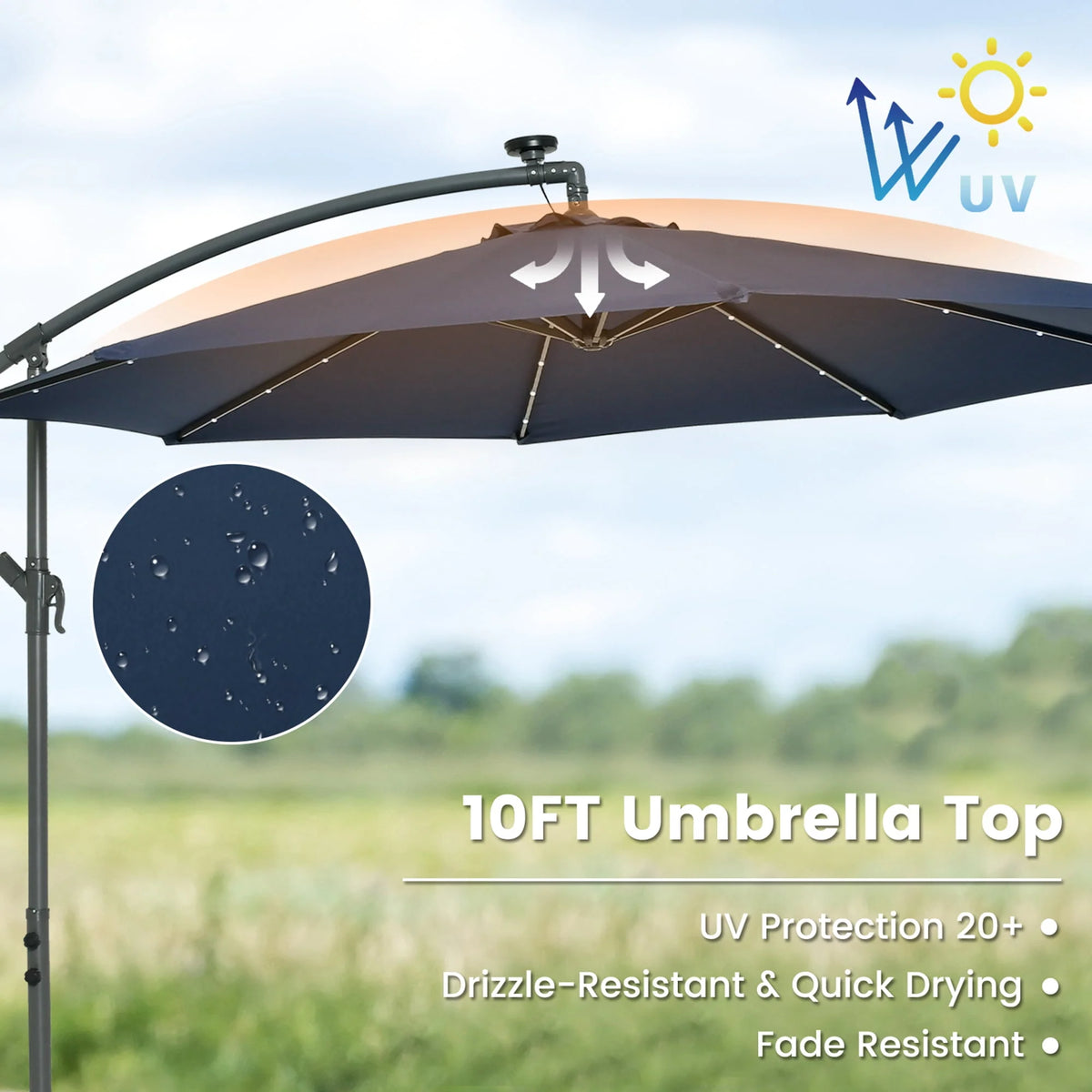 10FT Hanging Offset Umbrella with 32 LED Lights Y22732