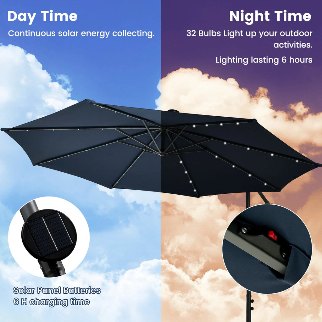 10FT Hanging Offset Umbrella with 32 LED Lights Y22732