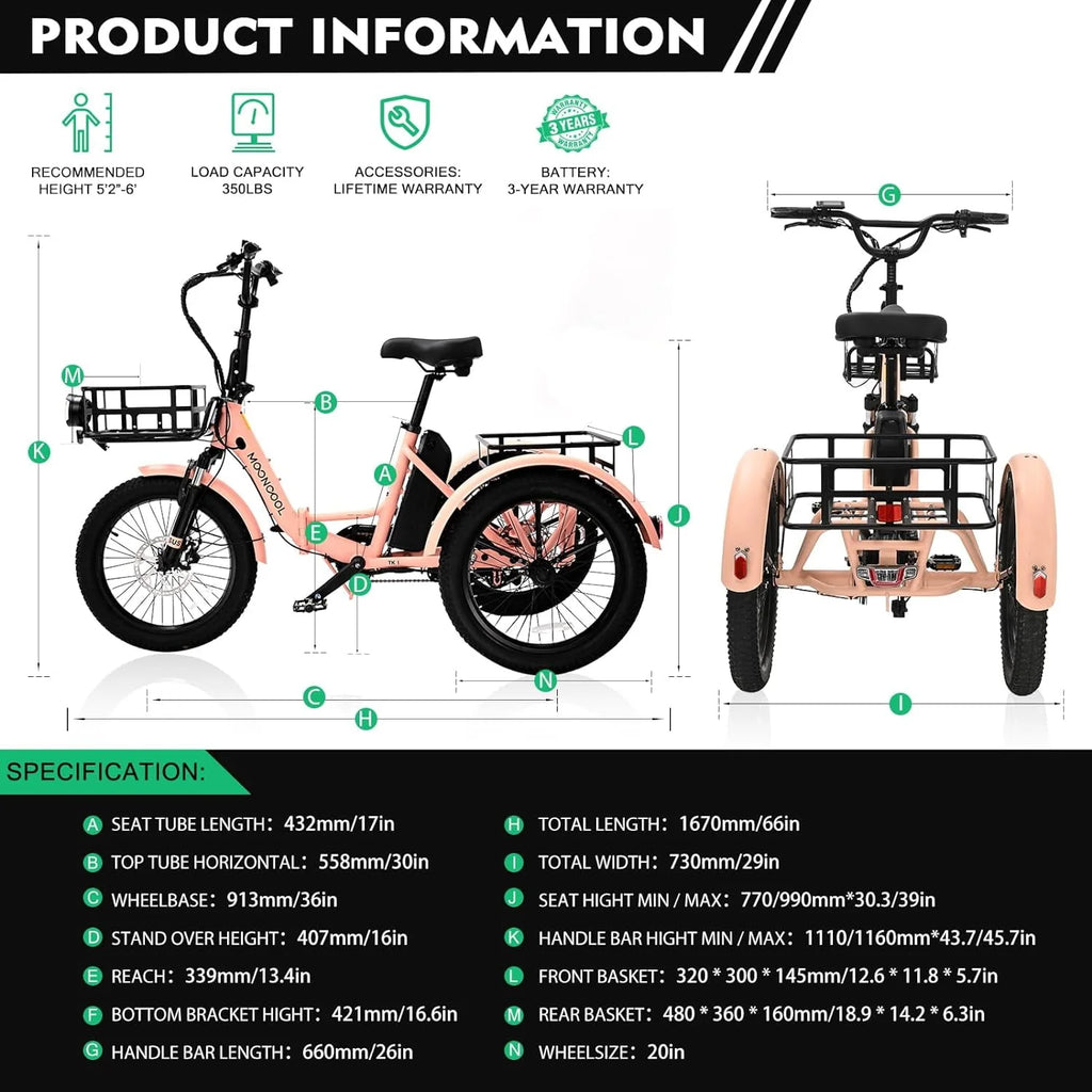 24 26 3 Wheel 350W 36V 7 Speeds Electric Tricycle with Large Basket G300