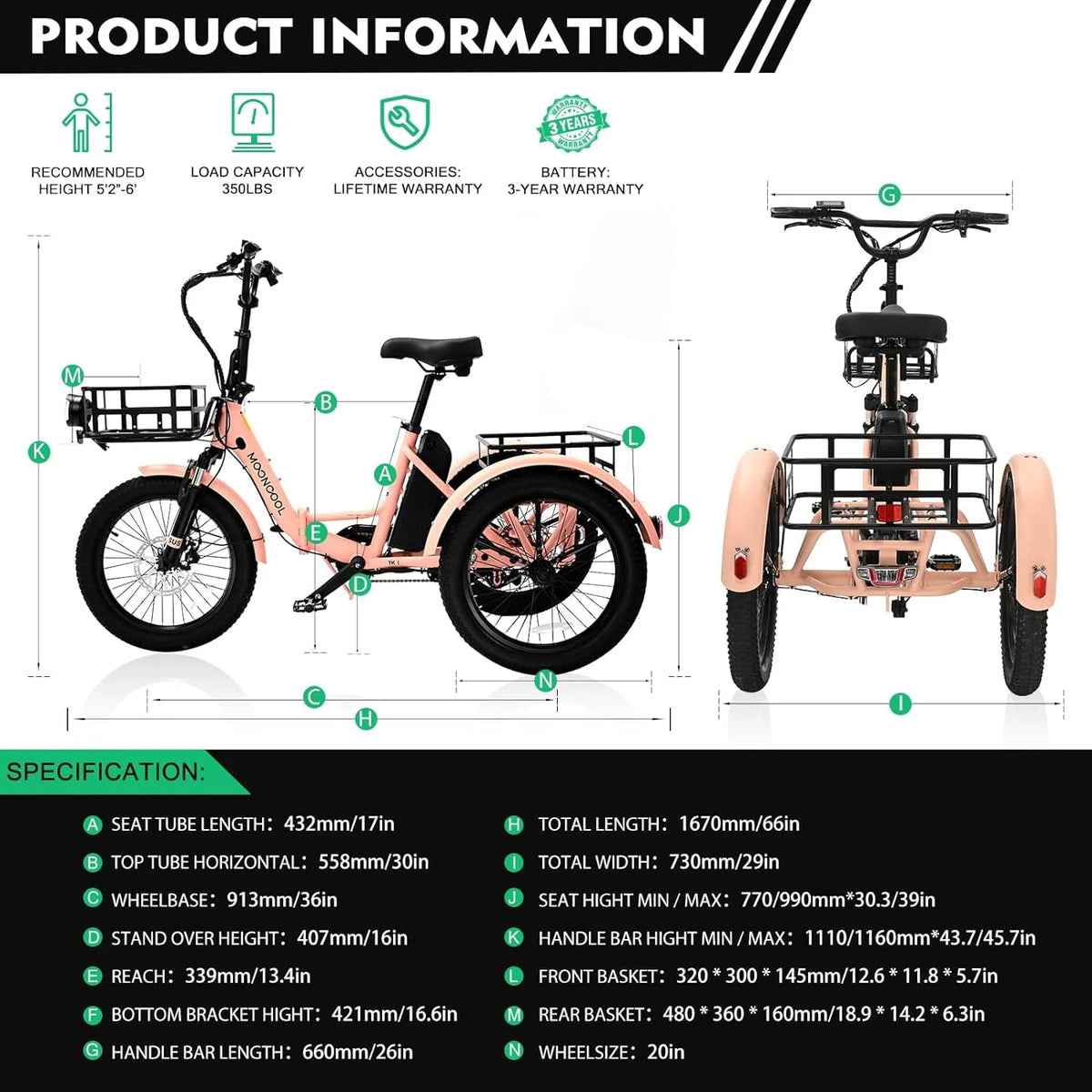 24 26 3 Wheel 350W 36V 7 Speeds Electric Tricycle with Large Basket G300