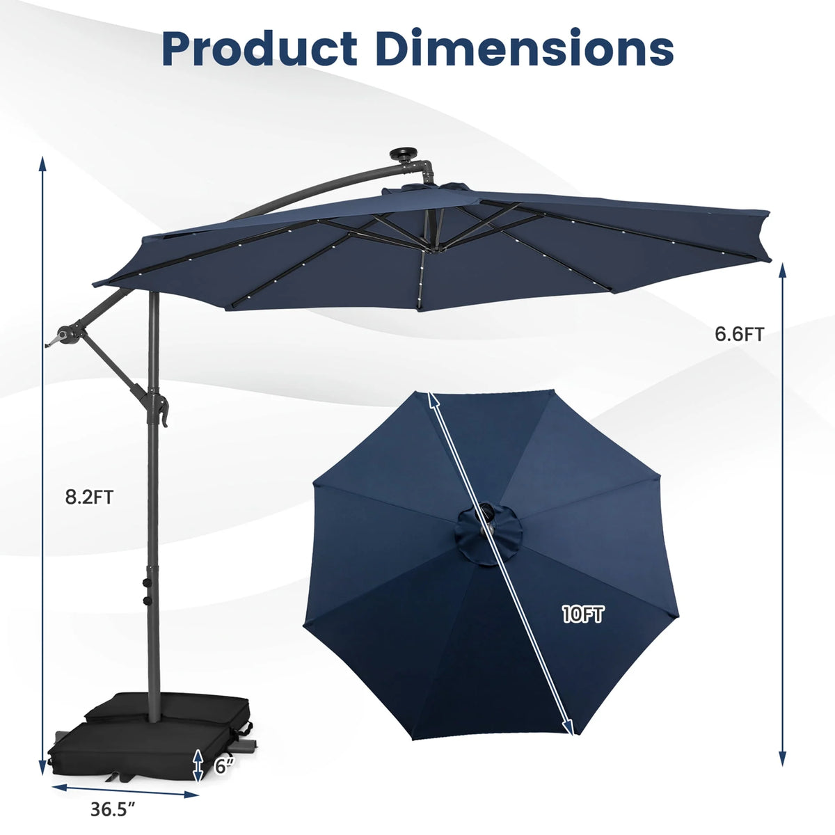 10FT Hanging Offset Umbrella with 32 LED Lights Y22732