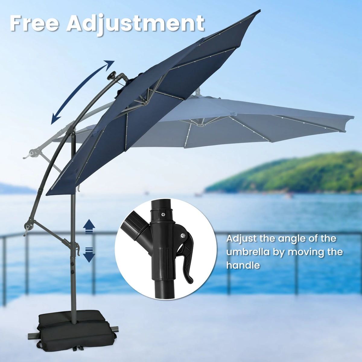 10FT Hanging Offset Umbrella with 32 LED Lights Y22732