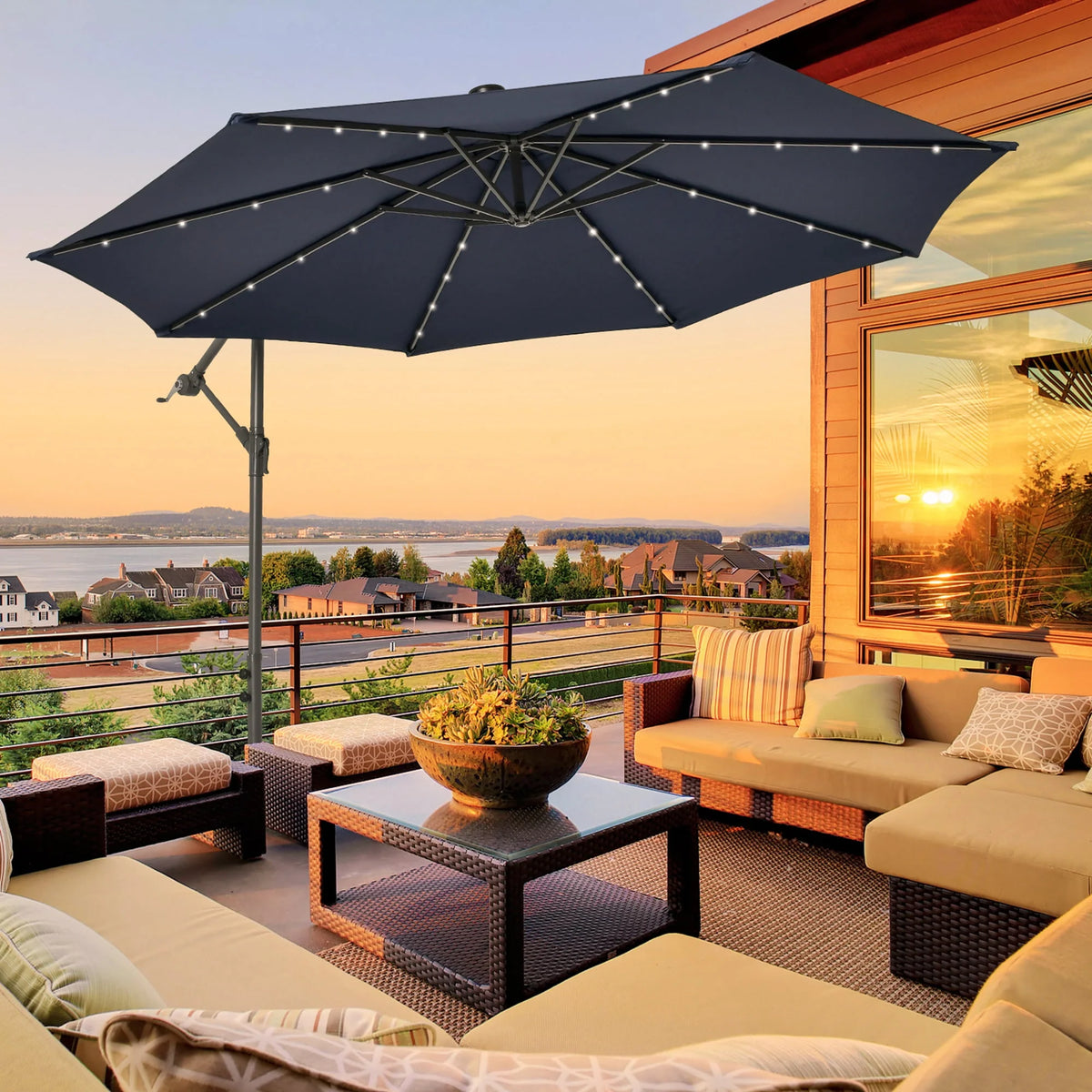 10FT Hanging Offset Umbrella with 32 LED Lights Y22732